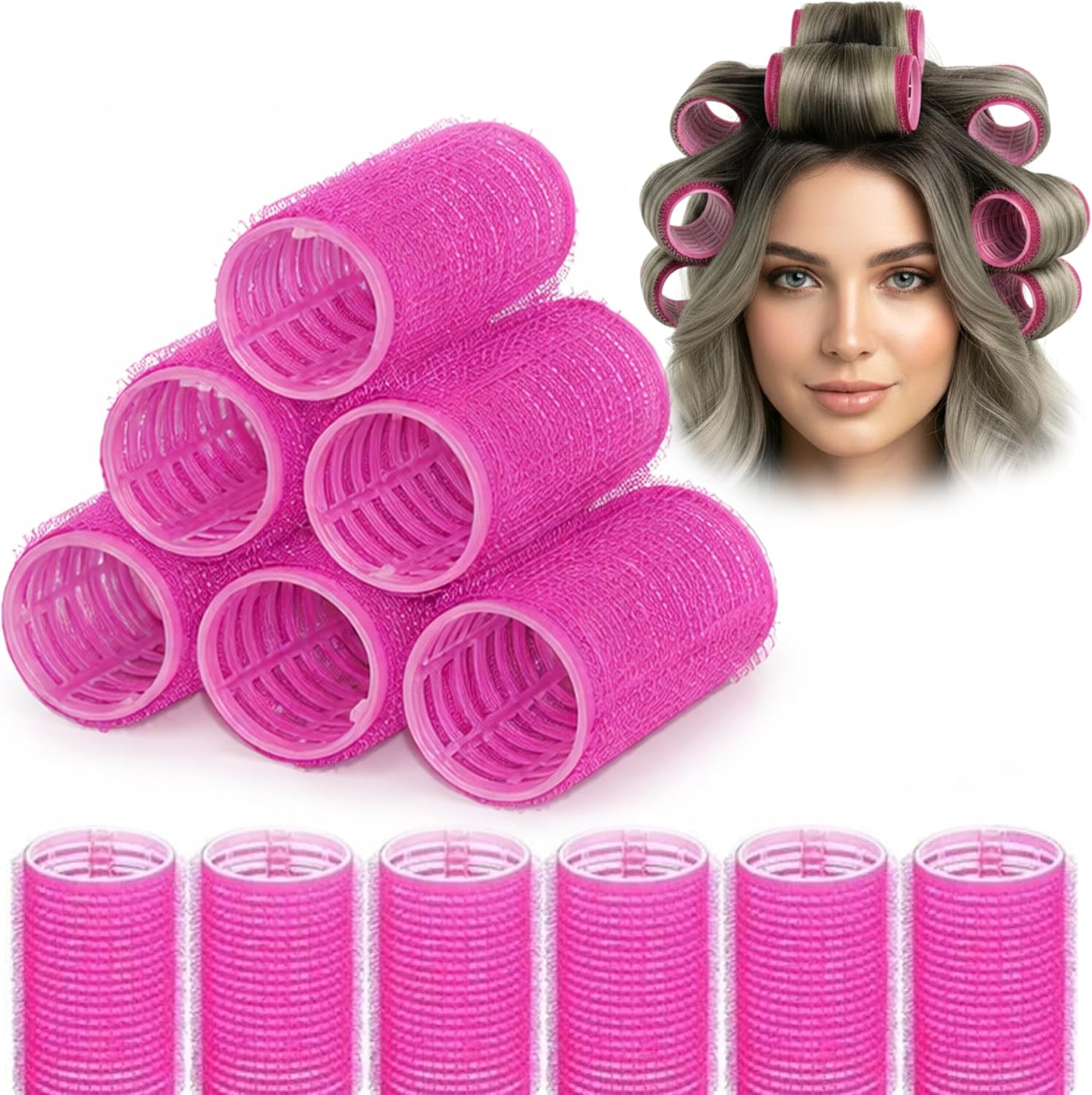 Hair Rollers, Detangling Hair Brush, Self Grip, Plastic Hair Curlers, Set Of 6, Clean Kit