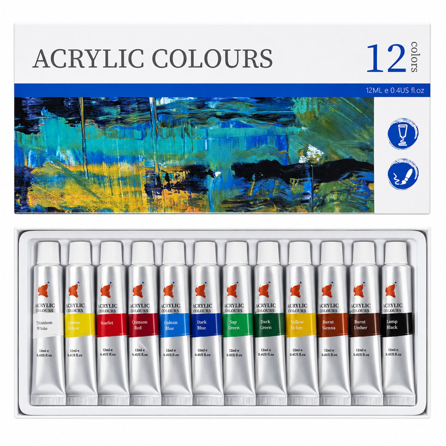 Acrylic Paint Set, 12 Colors X 12ML Tubes, Rich Pigments For for Clean Care