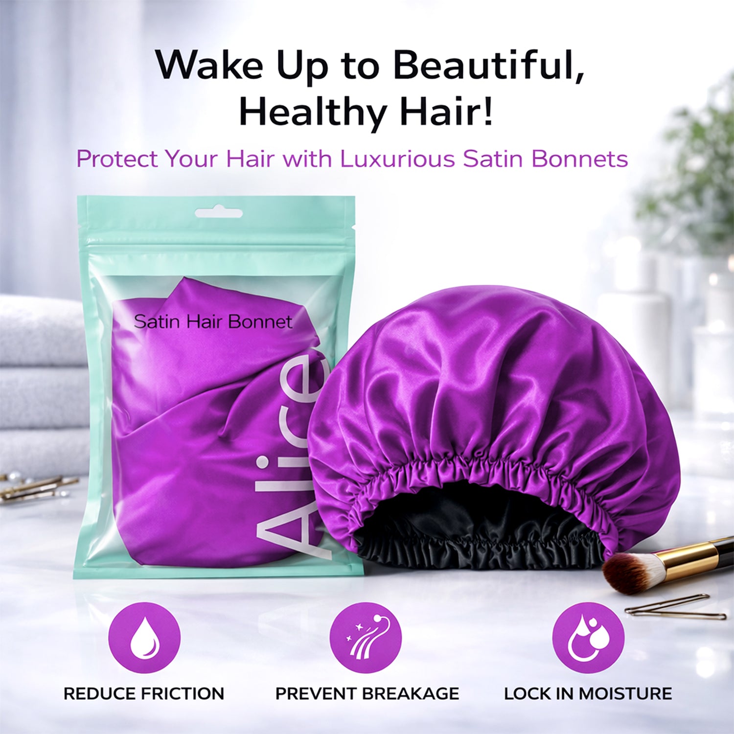 Hair Bonnet, Double Layer Satin Design, Anti-Frizz Sleeping Cap, Clean Care