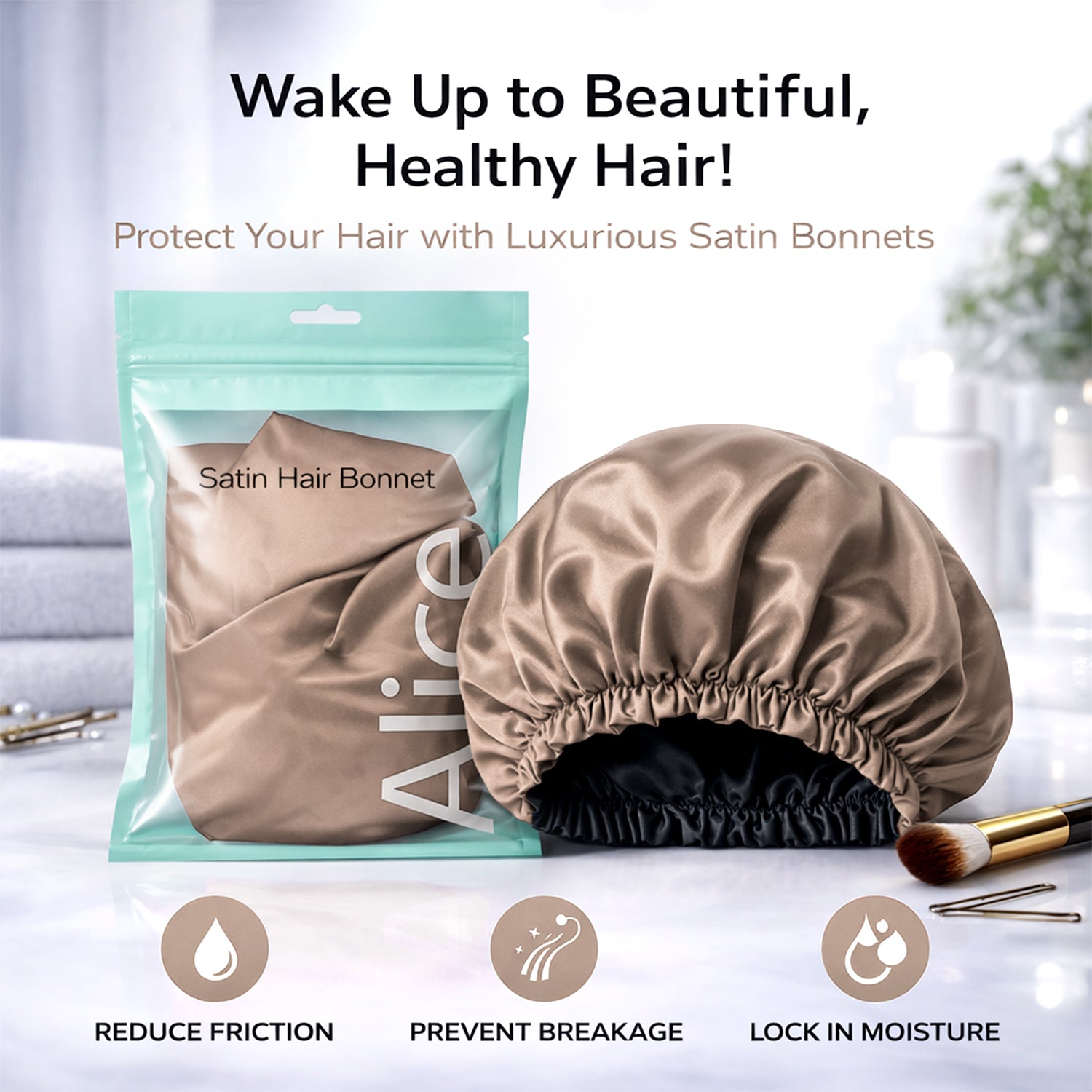Hair Bonnet, Double Layer Satin Design, Anti-Frizz Sleeping Cap, Clean Care