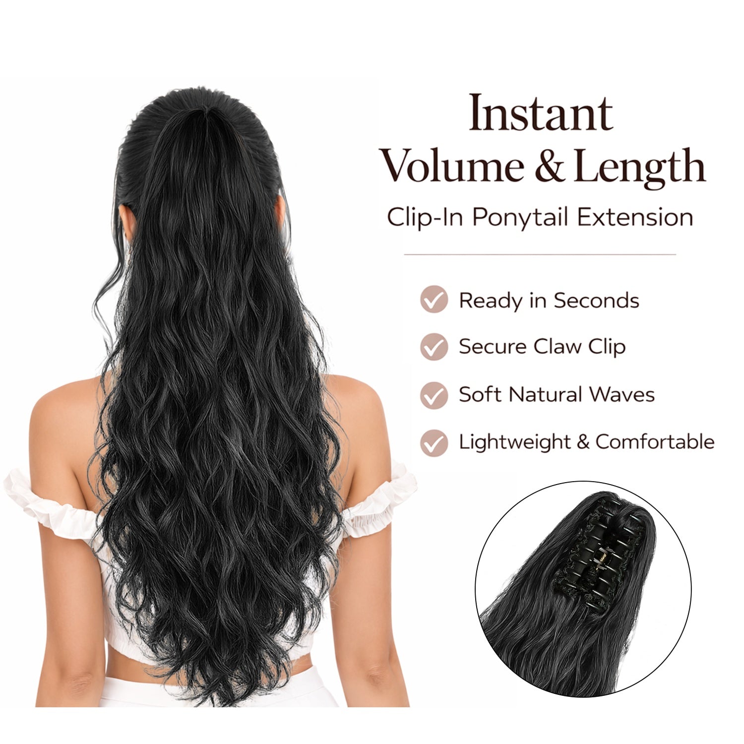 Ponytail Extension, 60 CM, Claw Clip Synthetic Hairpiece, Model JW250