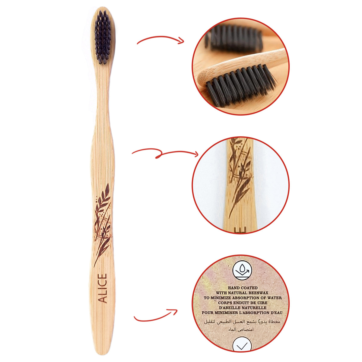 Bamboo Charcoal Toothbrush, Natural Bamboo Handle, Eco Friendly, Clean Care