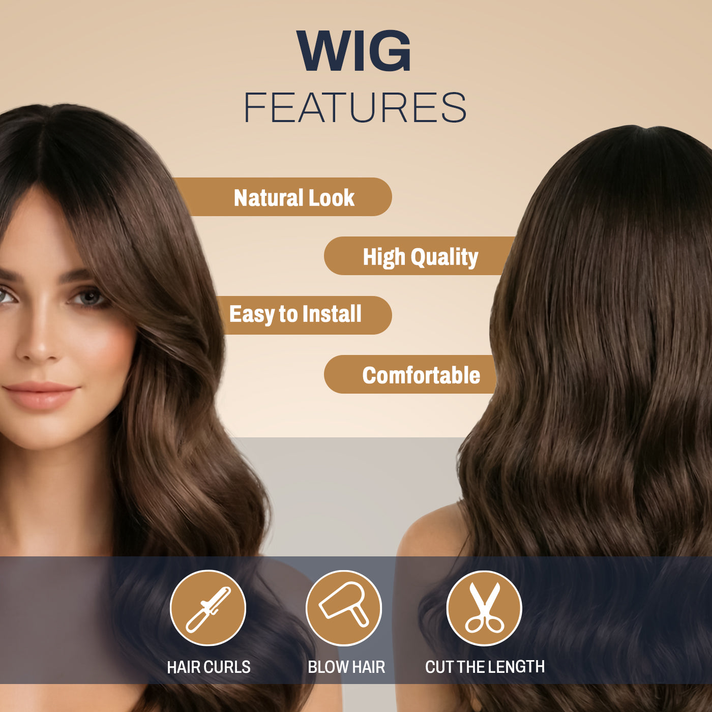 Natural Look Hair Wig, 60 CM Length, Breathable Cap Design