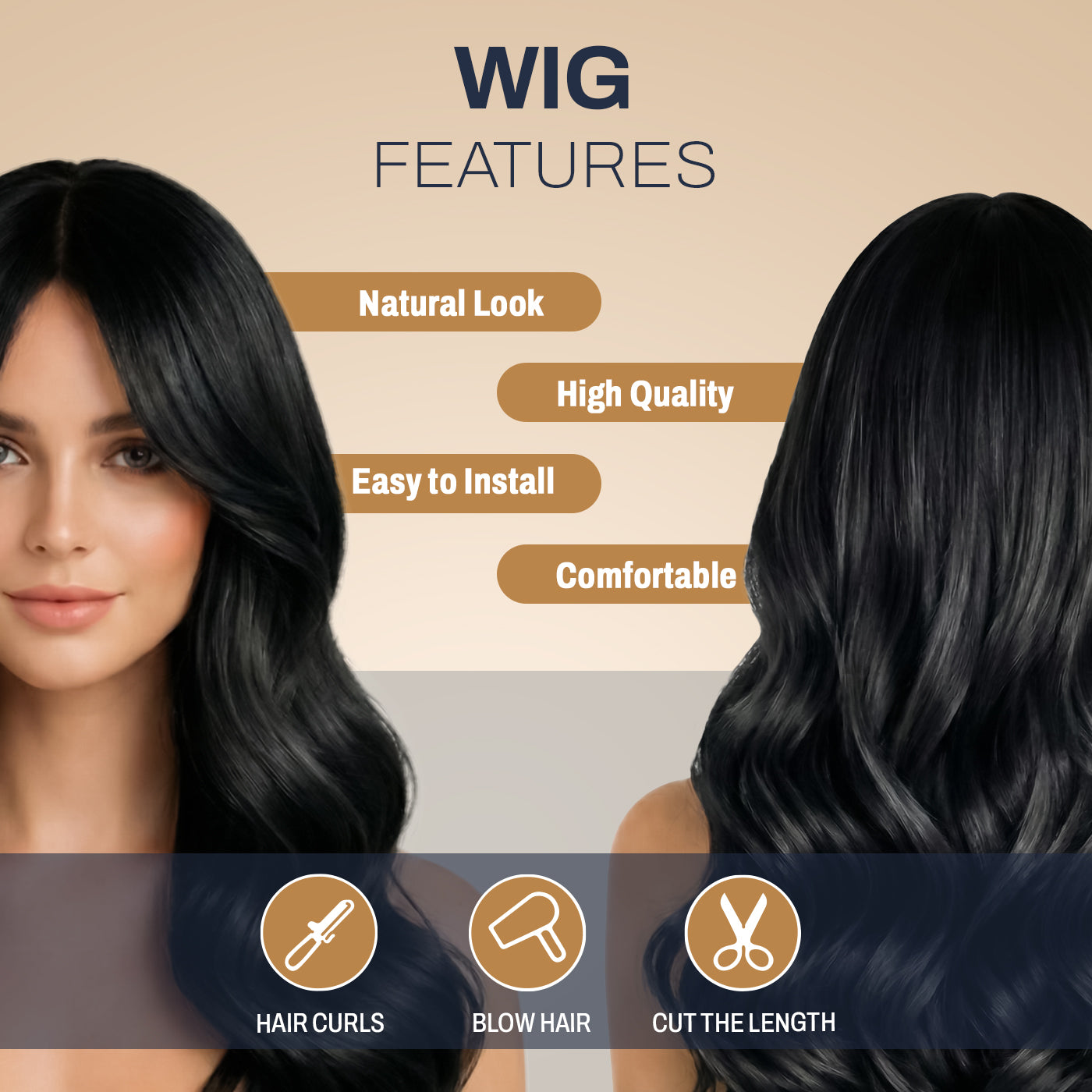 Natural Look Hair Wig, 60 CM Length, Breathable Cap Design