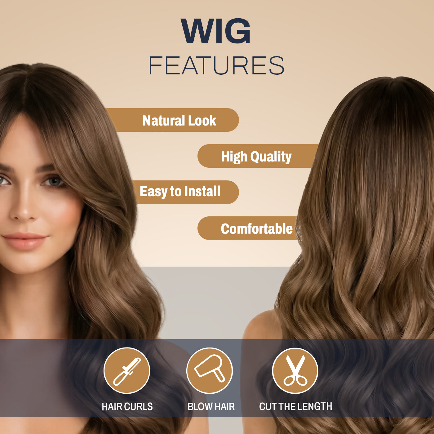 Natural Look Hair Wig, 60 CM Length, Breathable Cap Design