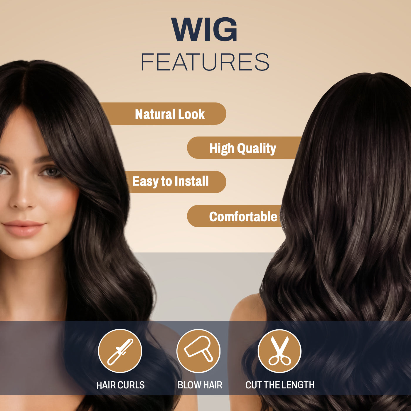 Natural Look Hair Wig, 60 CM Length, Breathable Cap Design