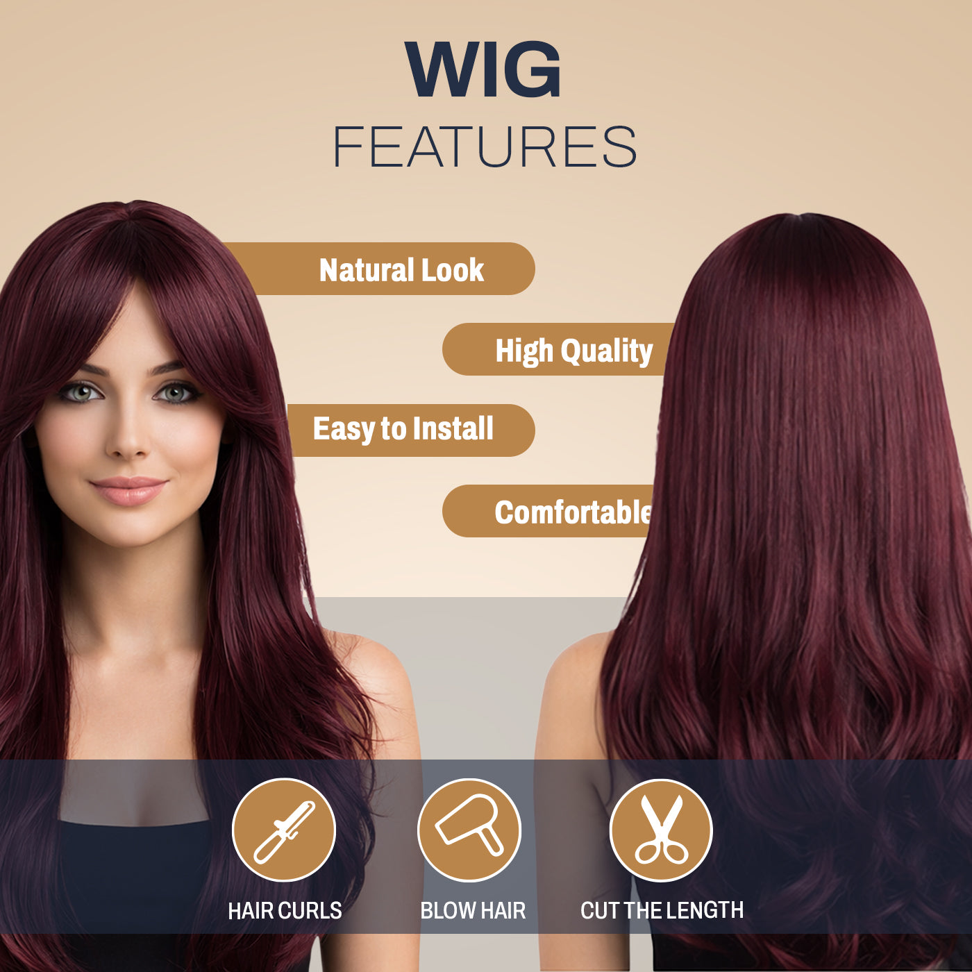 Natural Look Hair Wig, 60 CM Length, Breathable Cap Design