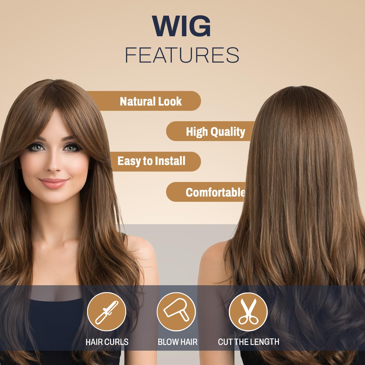 Natural Look Hair Wig, 60 CM Length, Breathable Cap Design