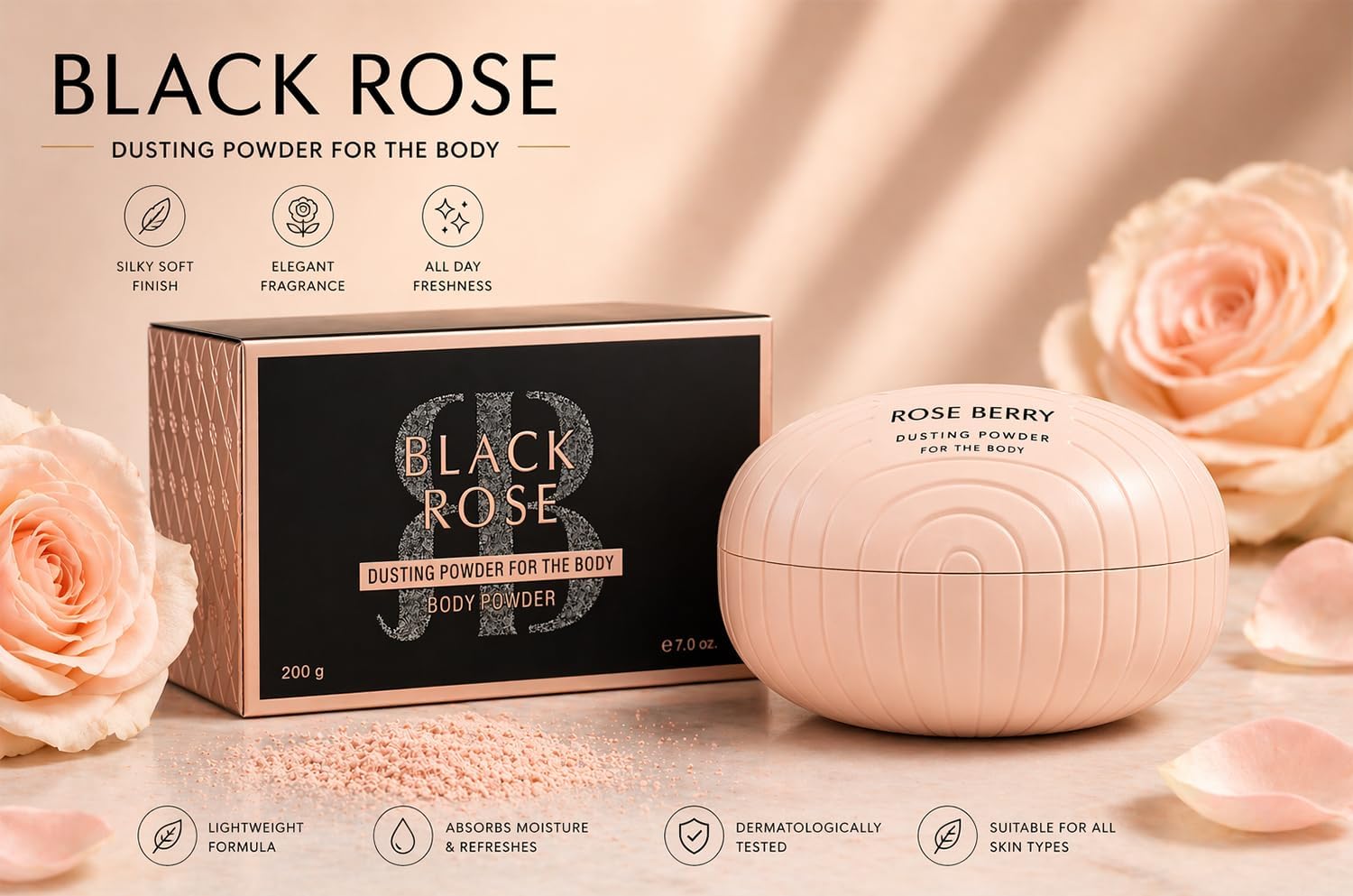 Body Powder, Black, Dusting Powder, The Body, Long-Lasting, Model RB-1047