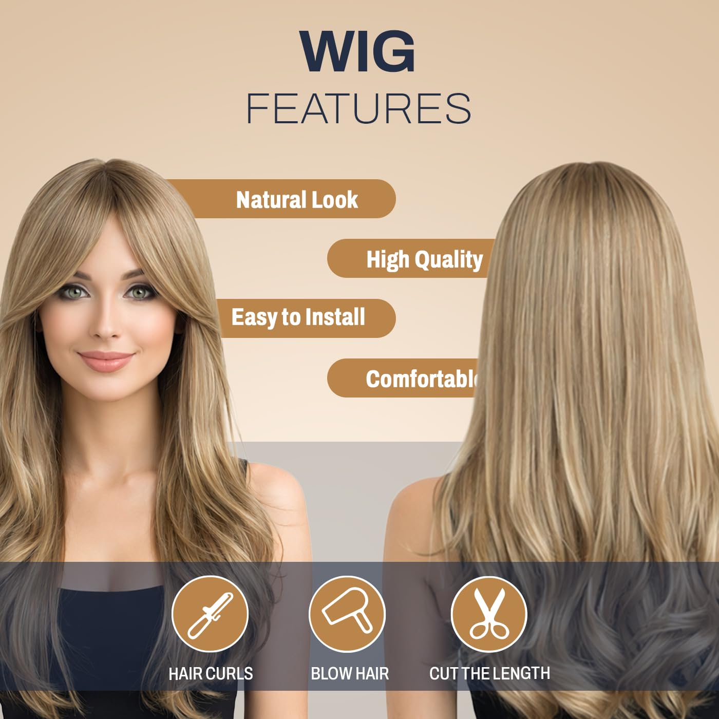 Natural Look Hair Wig, 60 CM Length, Breathable Cap Design