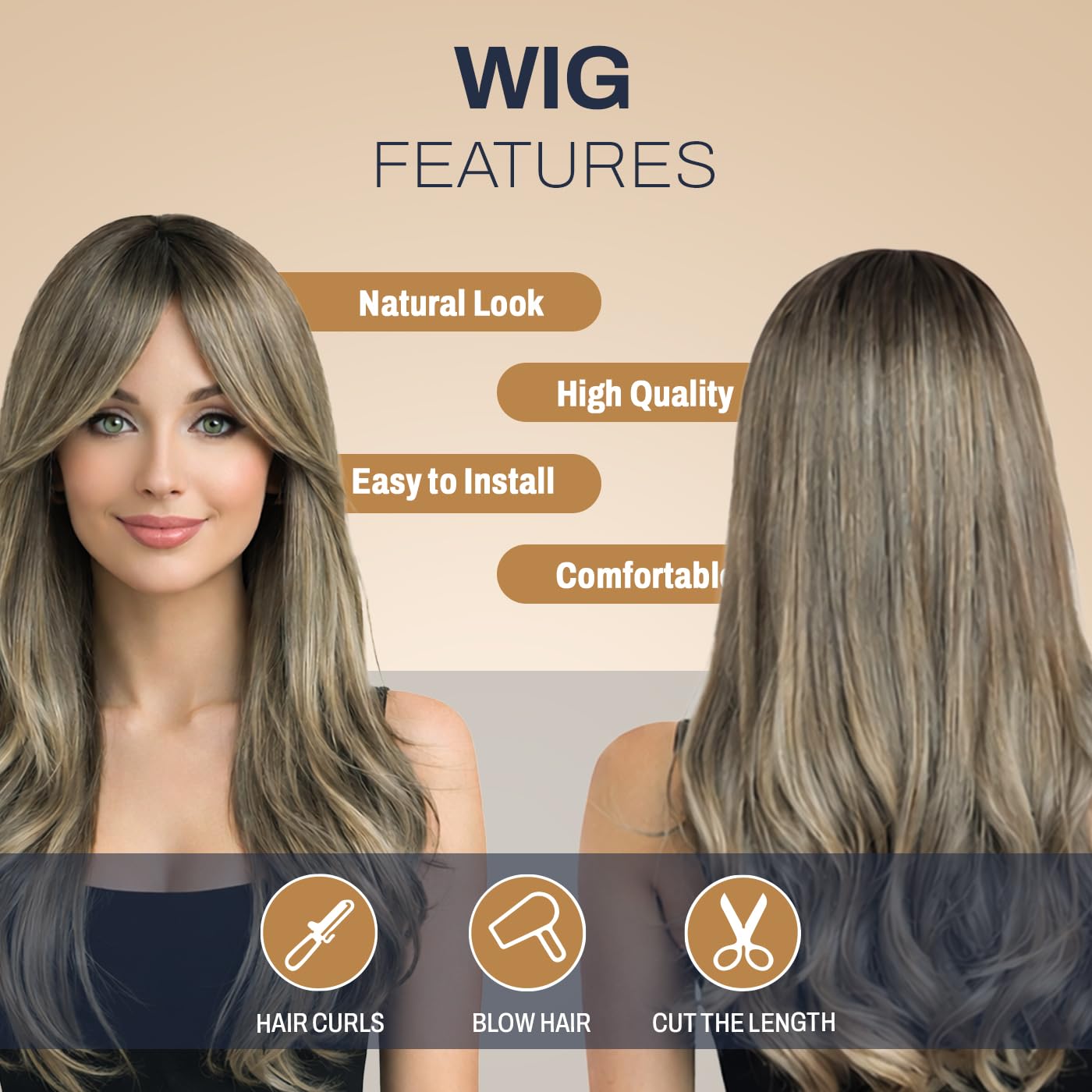 Natural Look Hair Wig, 60 CM Length, Breathable Cap Design