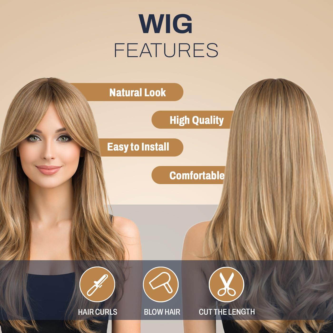 Natural Look Hair Wig, 60 CM Length, Breathable Cap Design