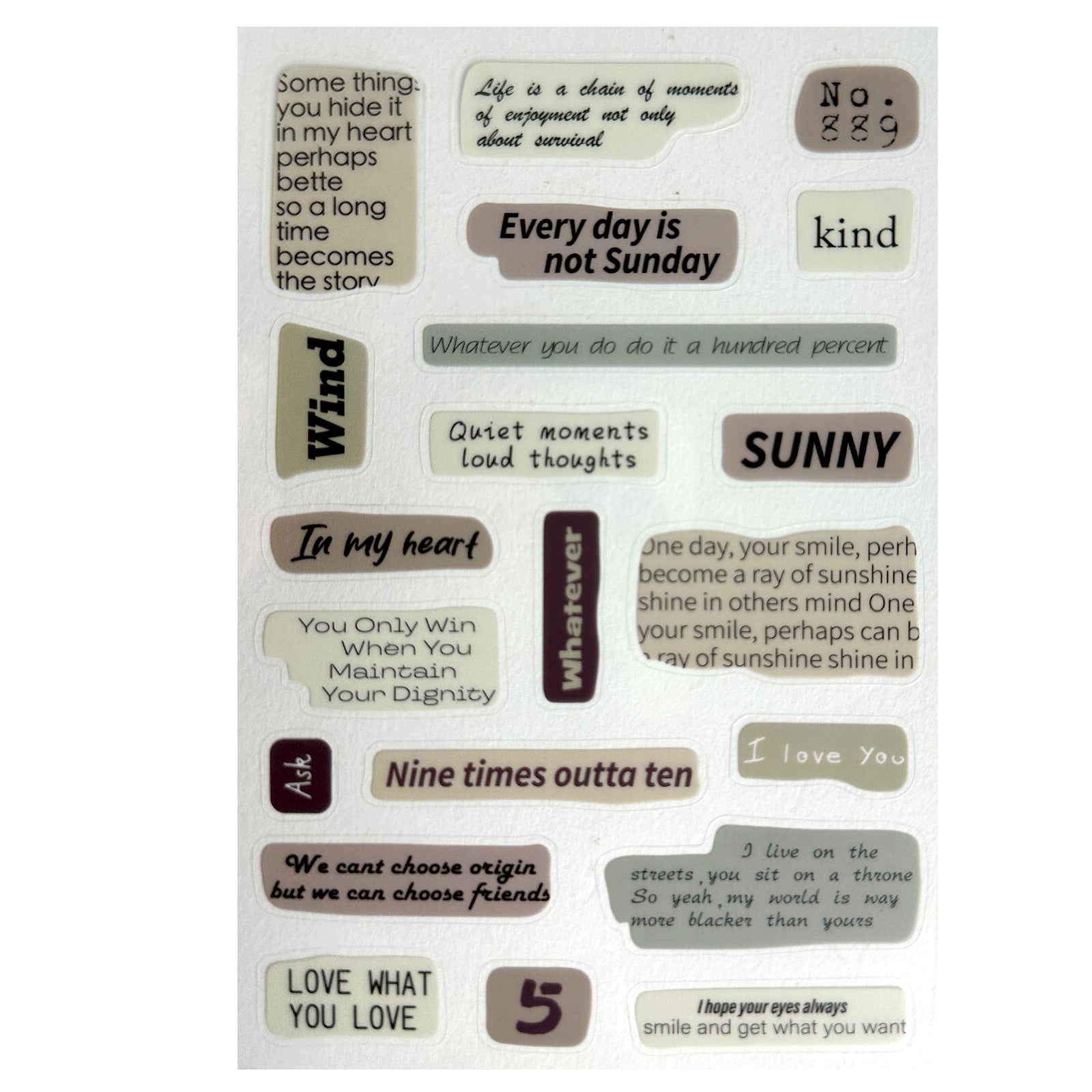 Stickers, Quotes, Set Of 6 Sheets, Printed Waterproof with Practical Design