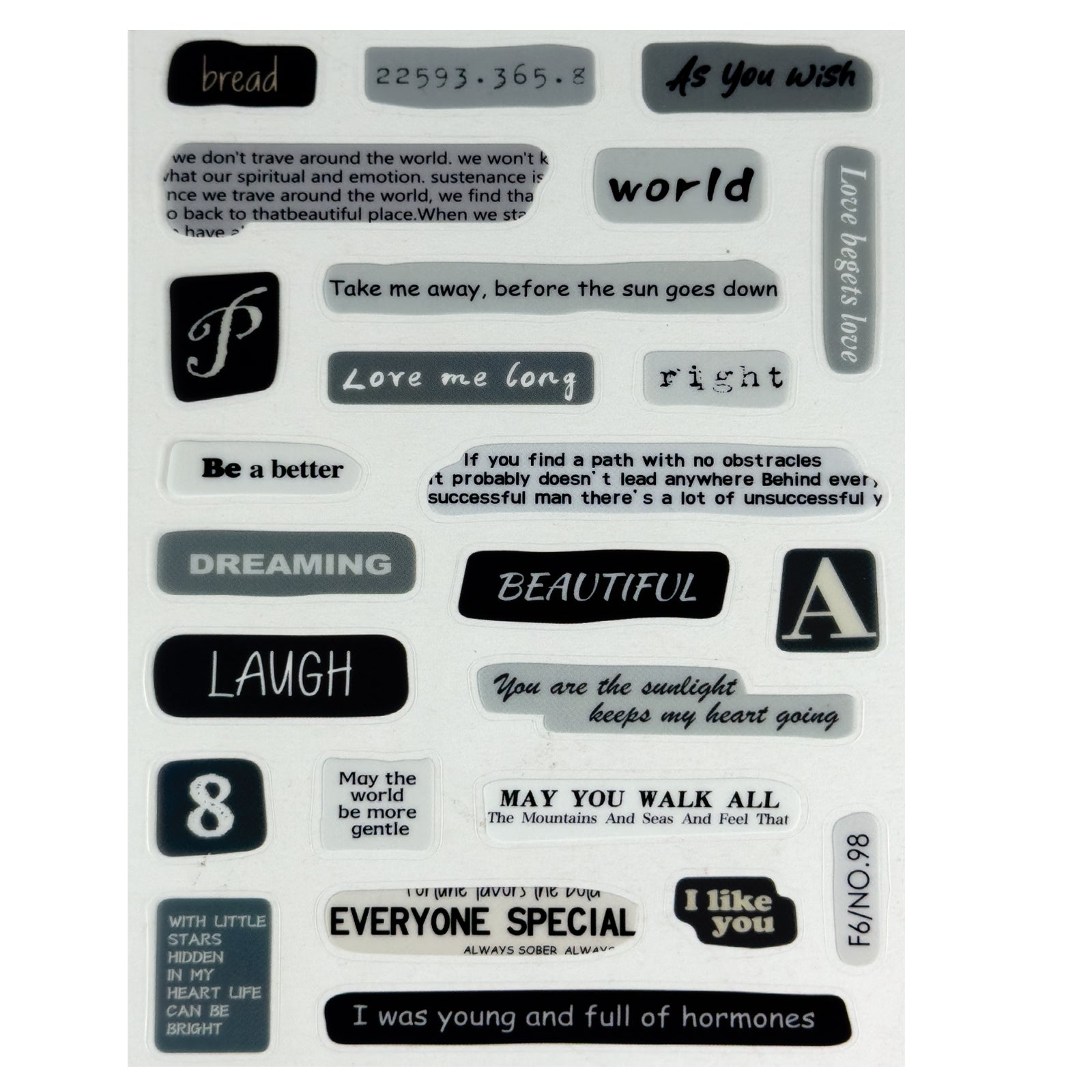 Stickers, Quotes, Set Of 6 Sheets, Printed Waterproof with Practical Design