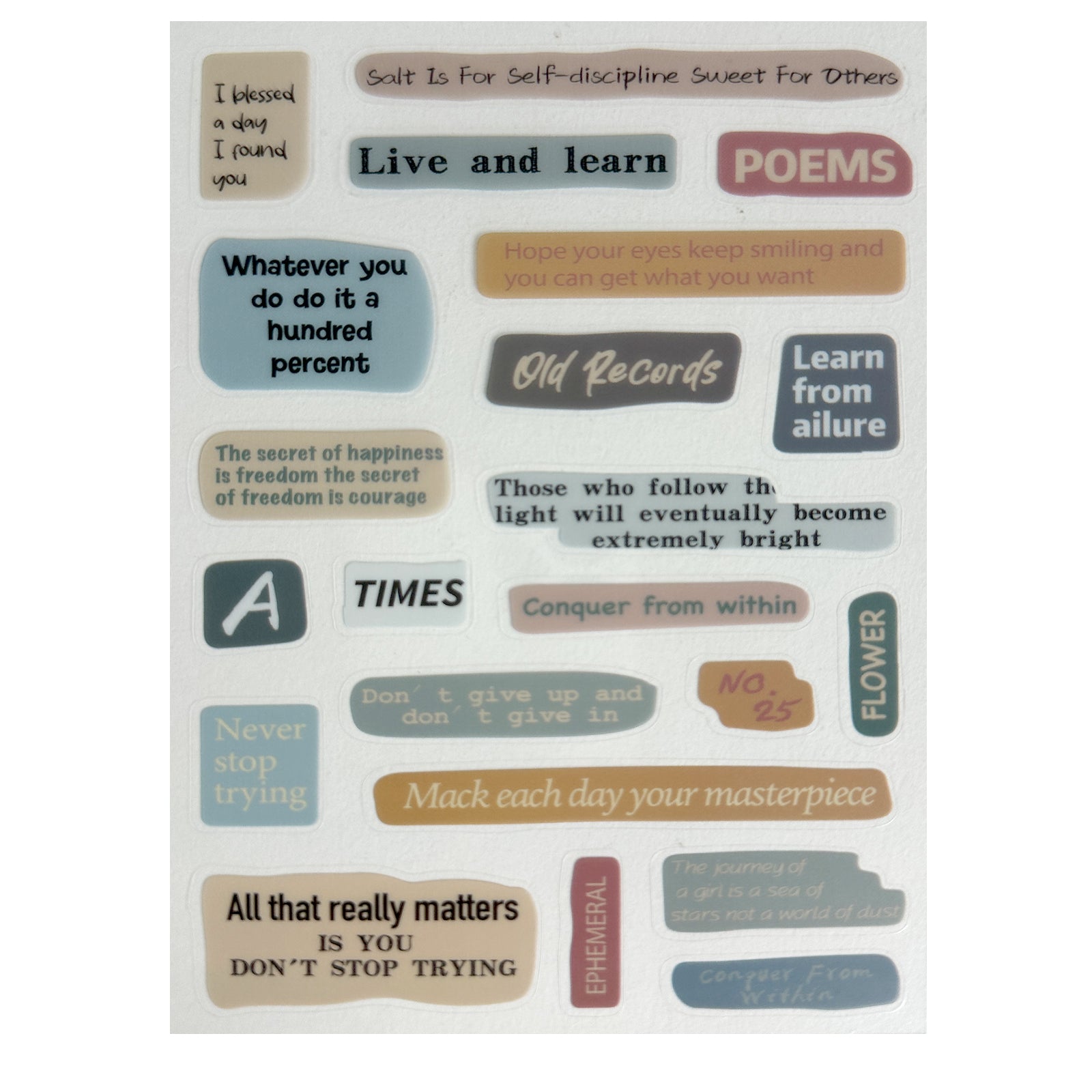 Stickers, Quotes, Set Of 6 Sheets, Printed Waterproof with Practical Design