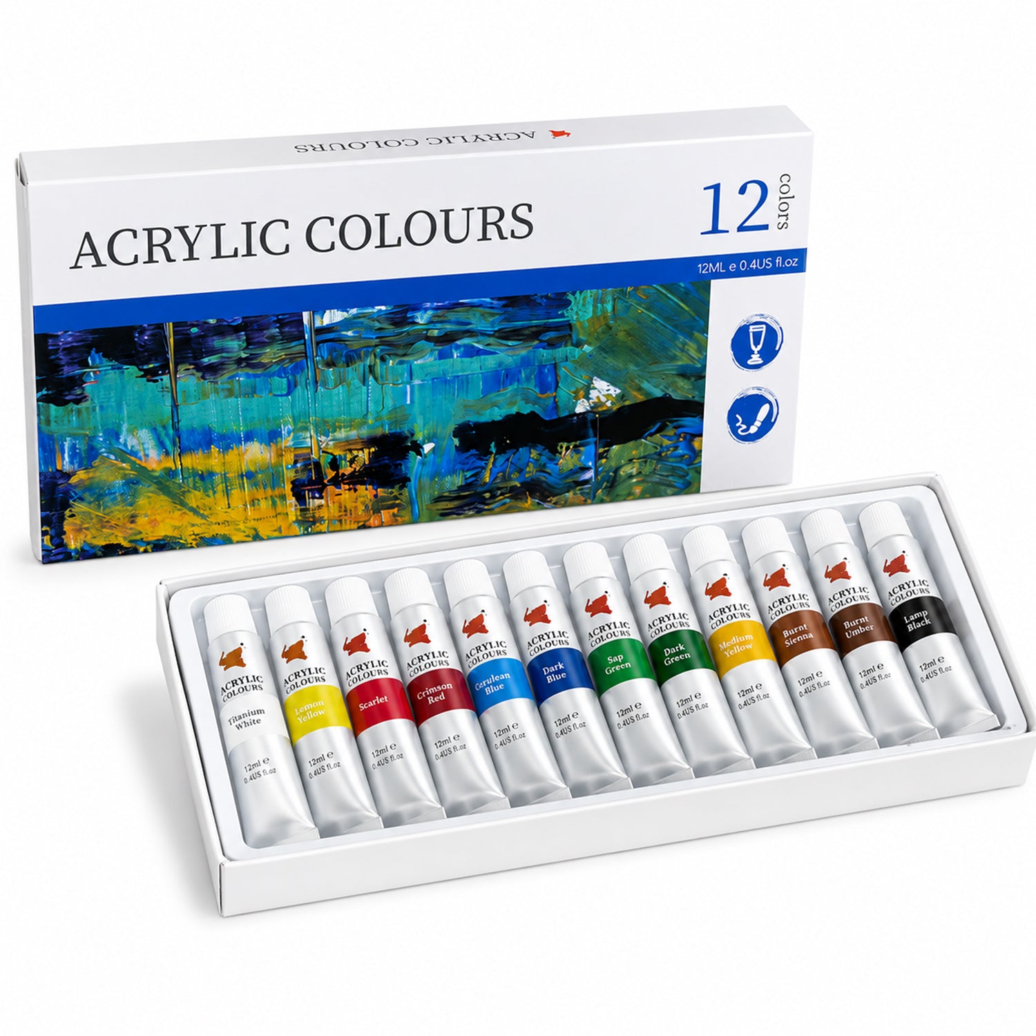Acrylic Paint Set, 12 Colors X 12ML Tubes, Rich Pigments For for Clean Care