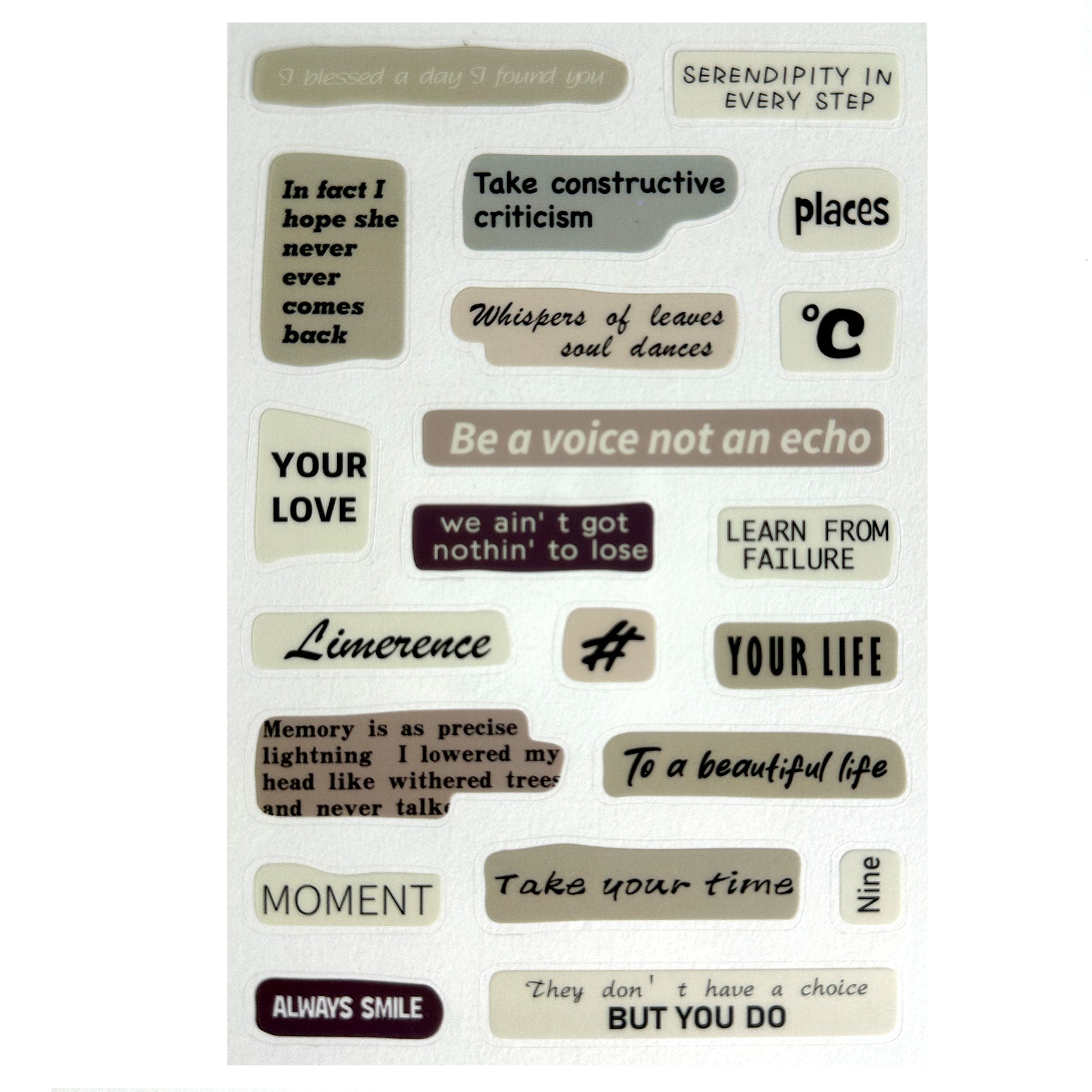 Stickers, Quotes, Set Of 6 Sheets, Printed Waterproof with Practical Design