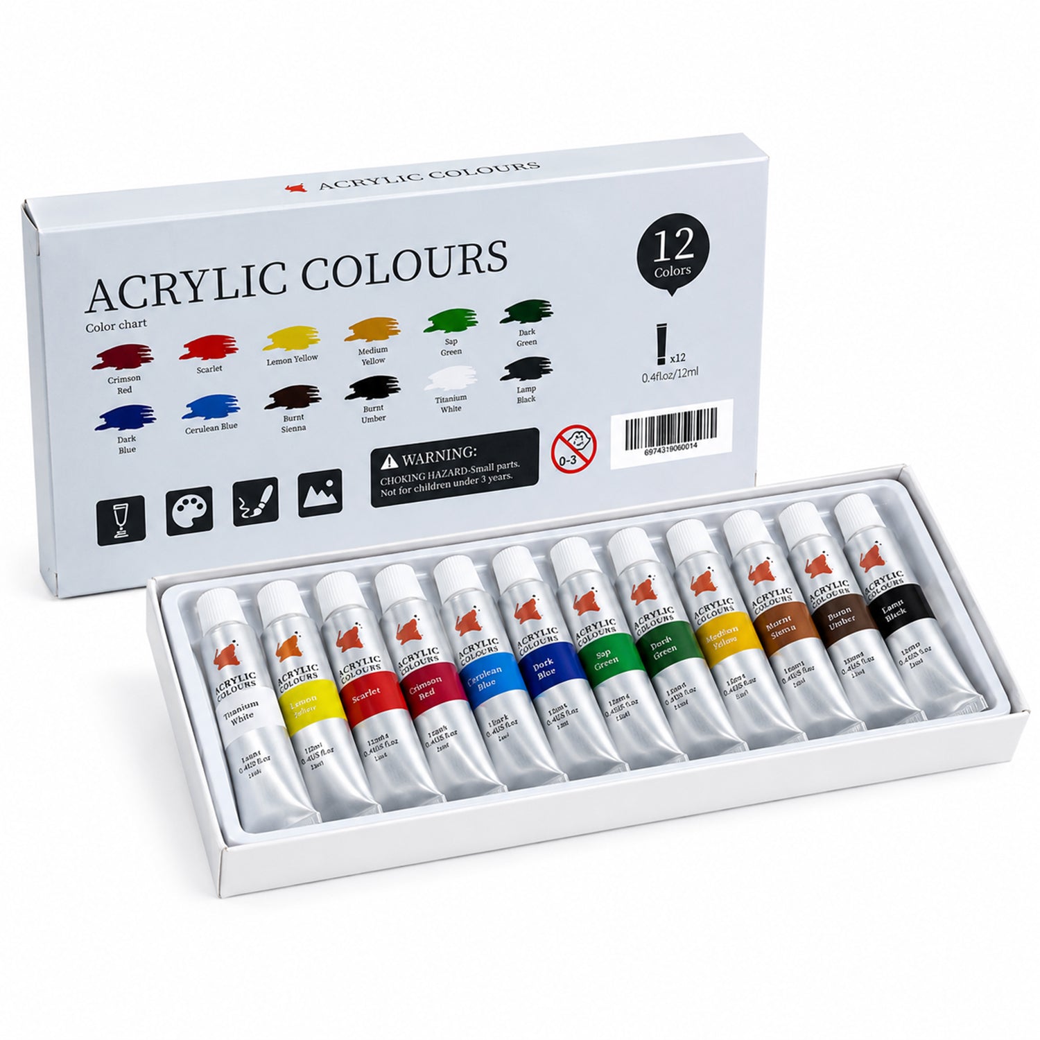 Acrylic Paint Set, 12 Colors X 12ML Tubes, Rich Pigments For for Clean Care
