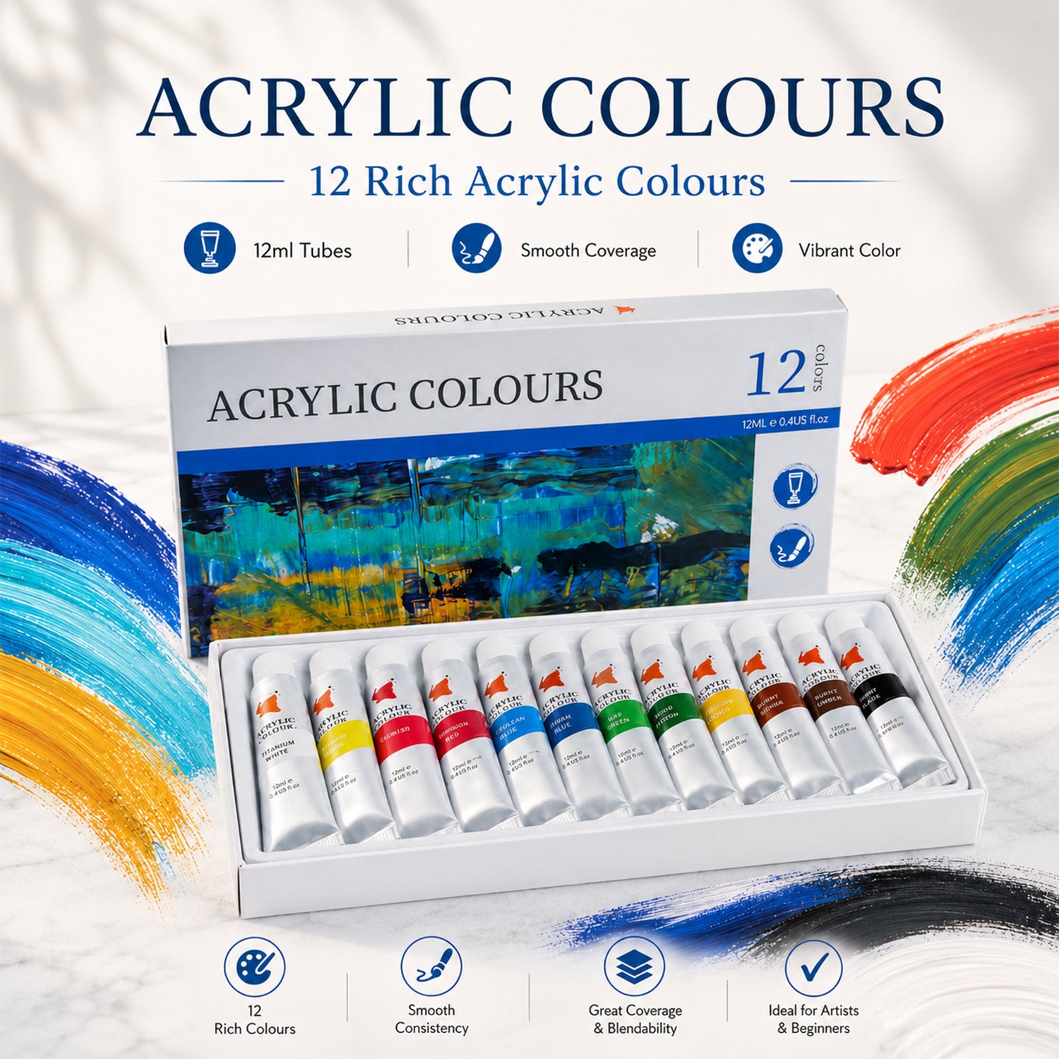 Acrylic Paint Set, 12 Colors X 12ML Tubes, Rich Pigments For for Clean Care