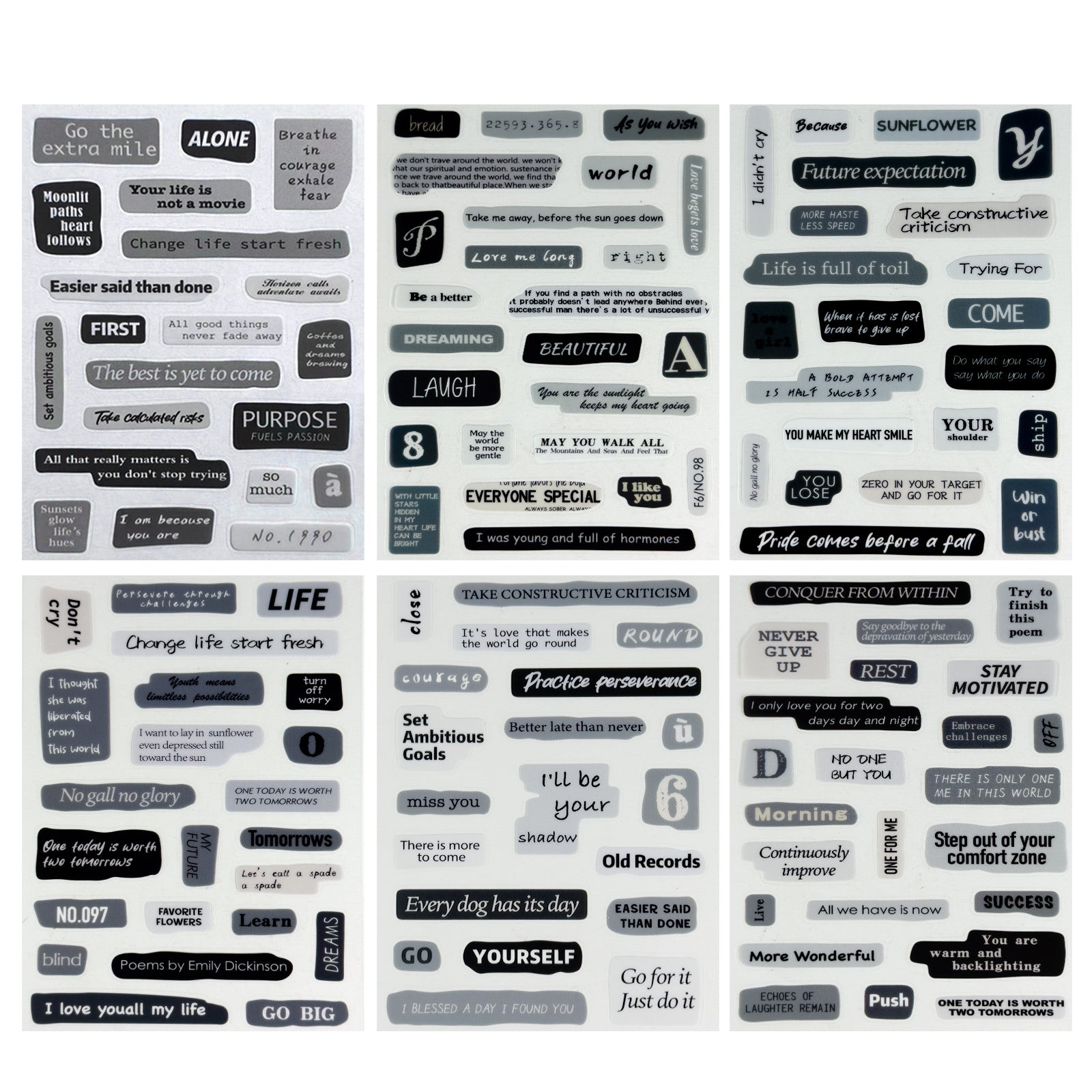 Stickers, Quotes, Set Of 6 Sheets, Printed Waterproof with Practical Design