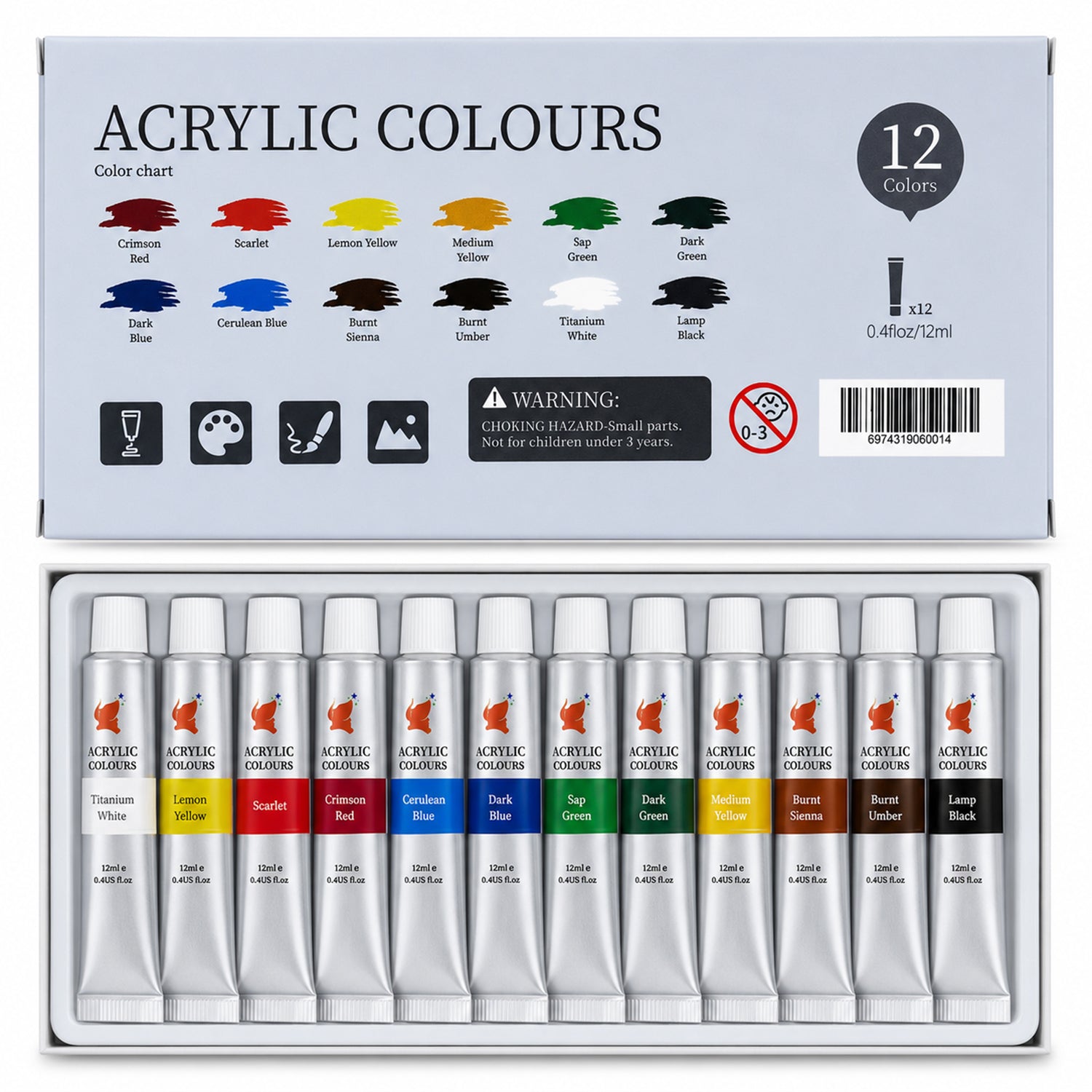 Acrylic Paint Set, 12 Colors X 12ML Tubes, Rich Pigments For for Clean Care