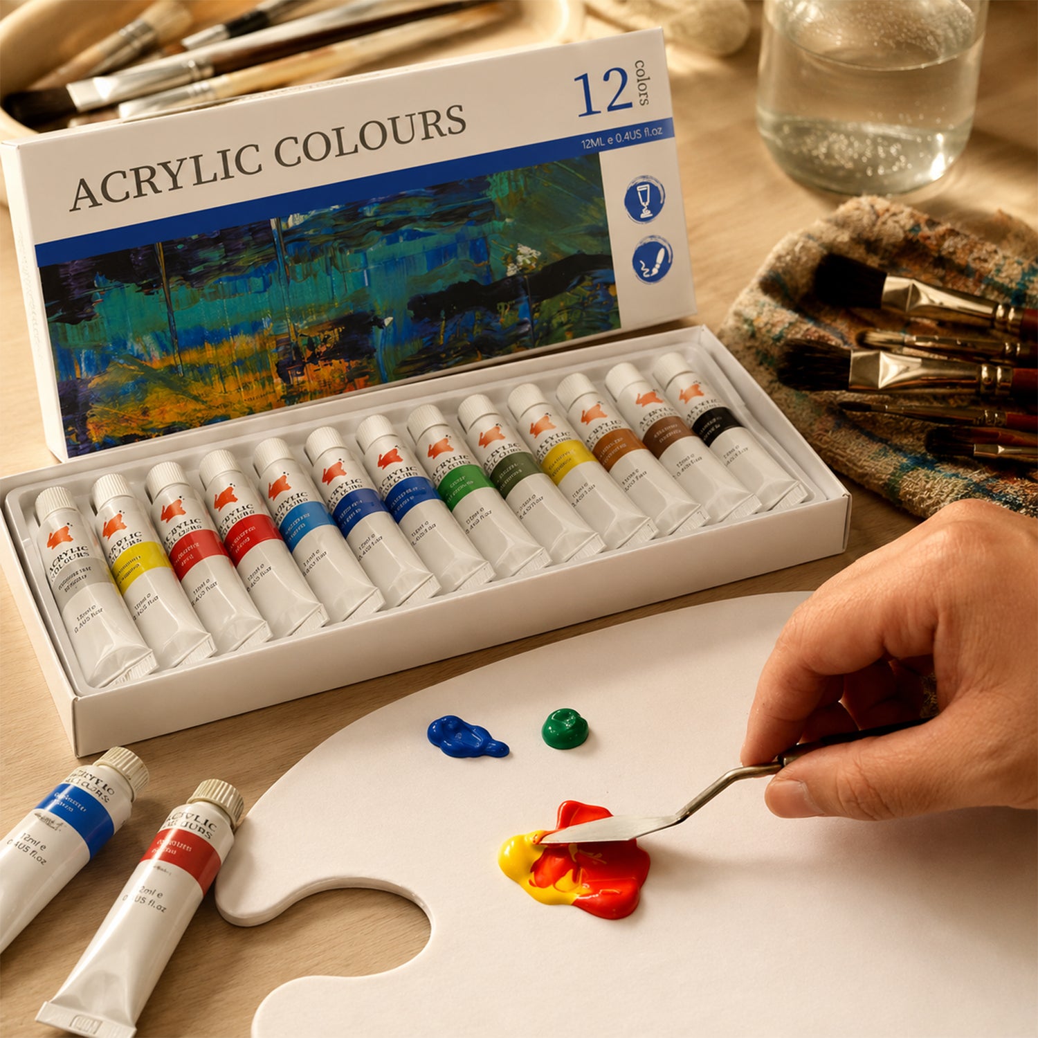 Acrylic Paint Set, 12 Colors X 12ML Tubes, Rich Pigments For for Clean Care