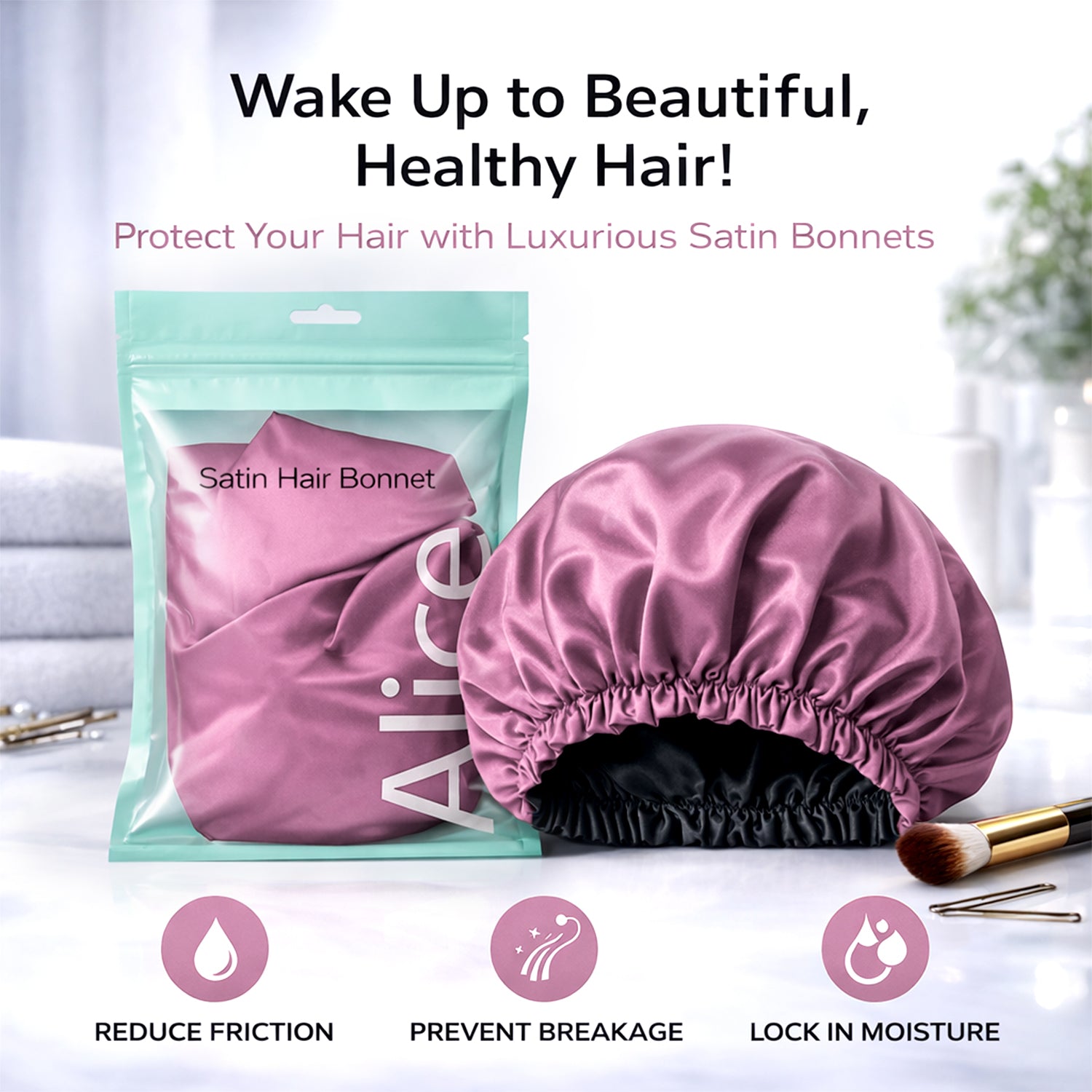 Hair Bonnet, Double Layer Satin Design, Anti-Frizz Sleeping Cap, Clean Care
