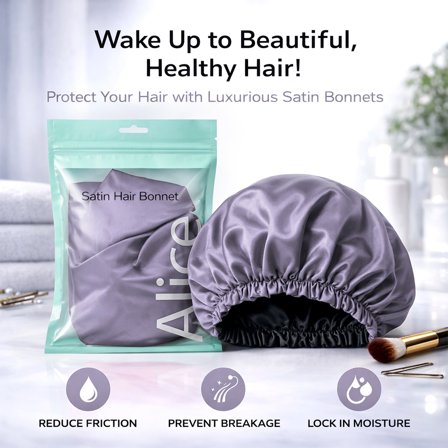 Hair Bonnet, Double Layer Satin Design, Anti-Frizz Sleeping Cap, Clean Care