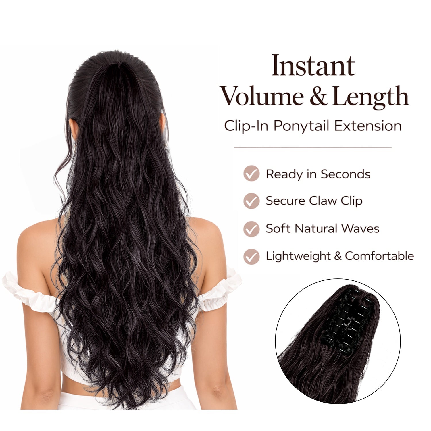Ponytail Extension, 60 CM, Claw Clip Synthetic Hairpiece, Model JW250
