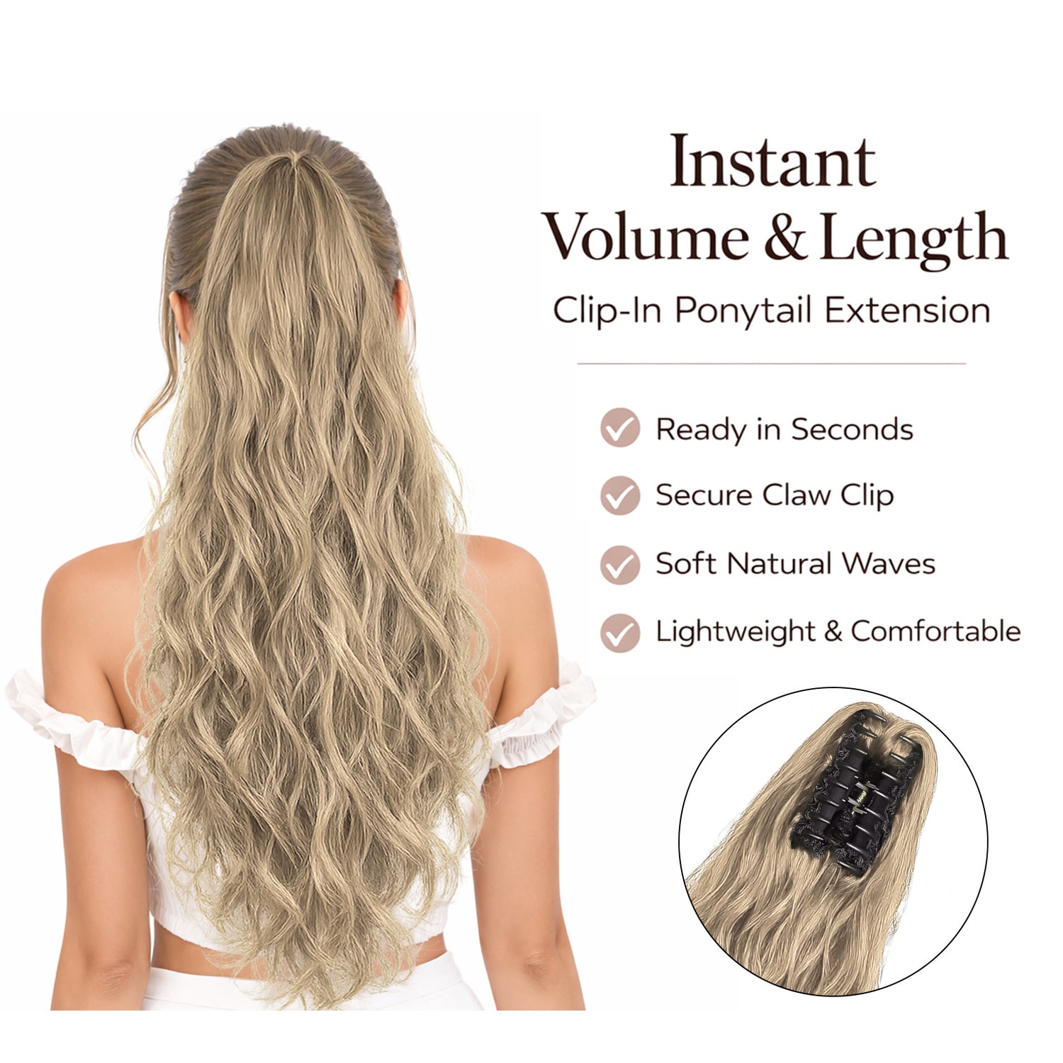 Ponytail Extension, 60 CM, Claw Clip Synthetic Hairpiece, Model JW250