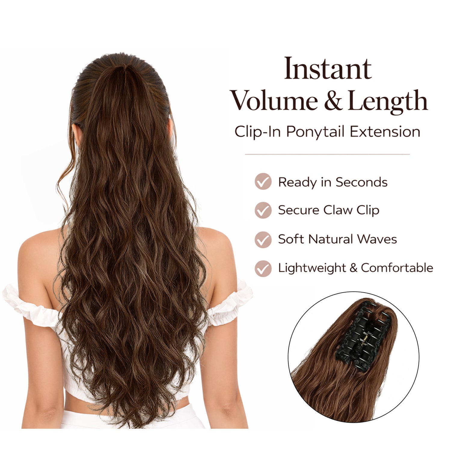 Ponytail Extension, 60 CM, Claw Clip Synthetic Hairpiece, Model JW250