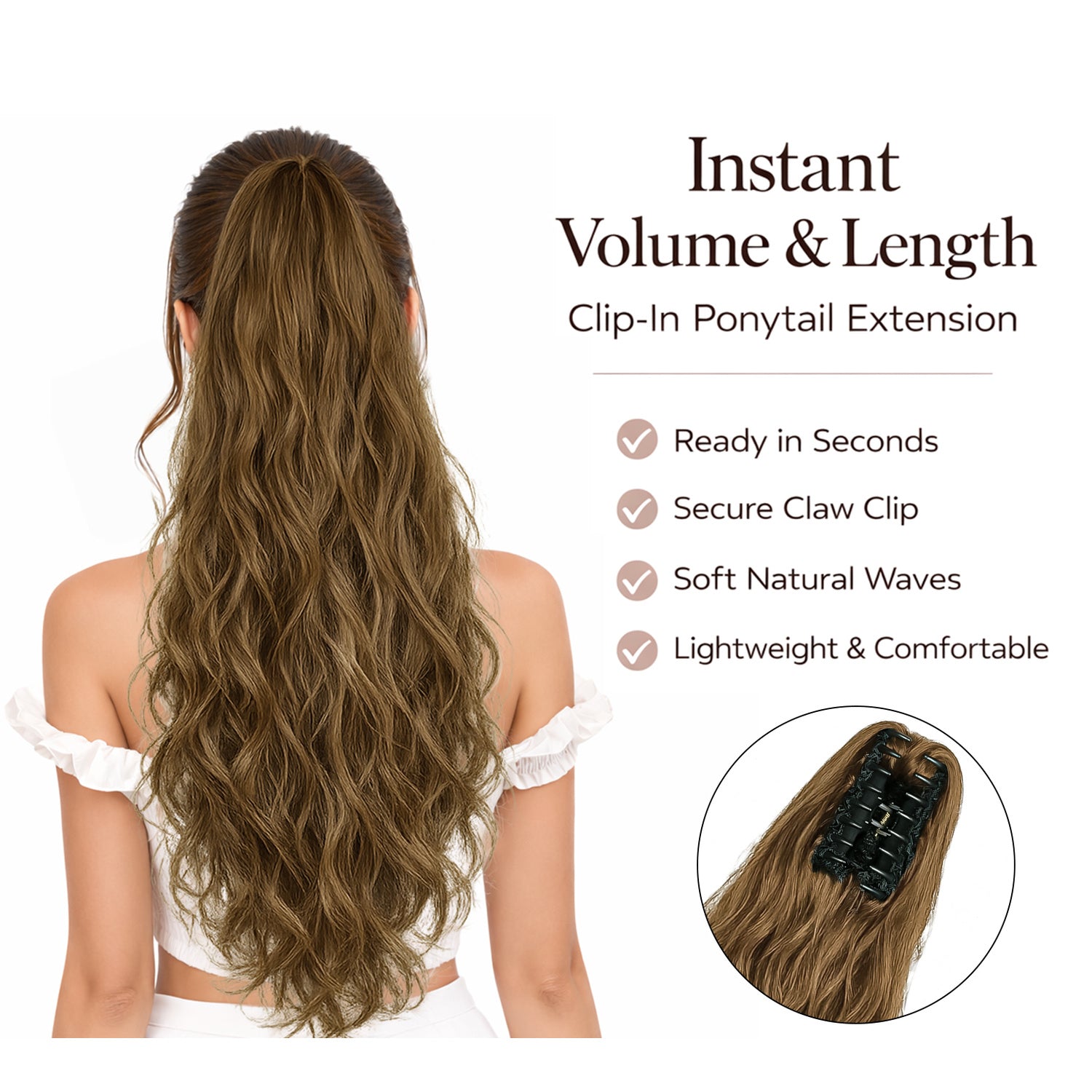 Ponytail Extension, 60 CM, Claw Clip Synthetic Hairpiece, Model JW250