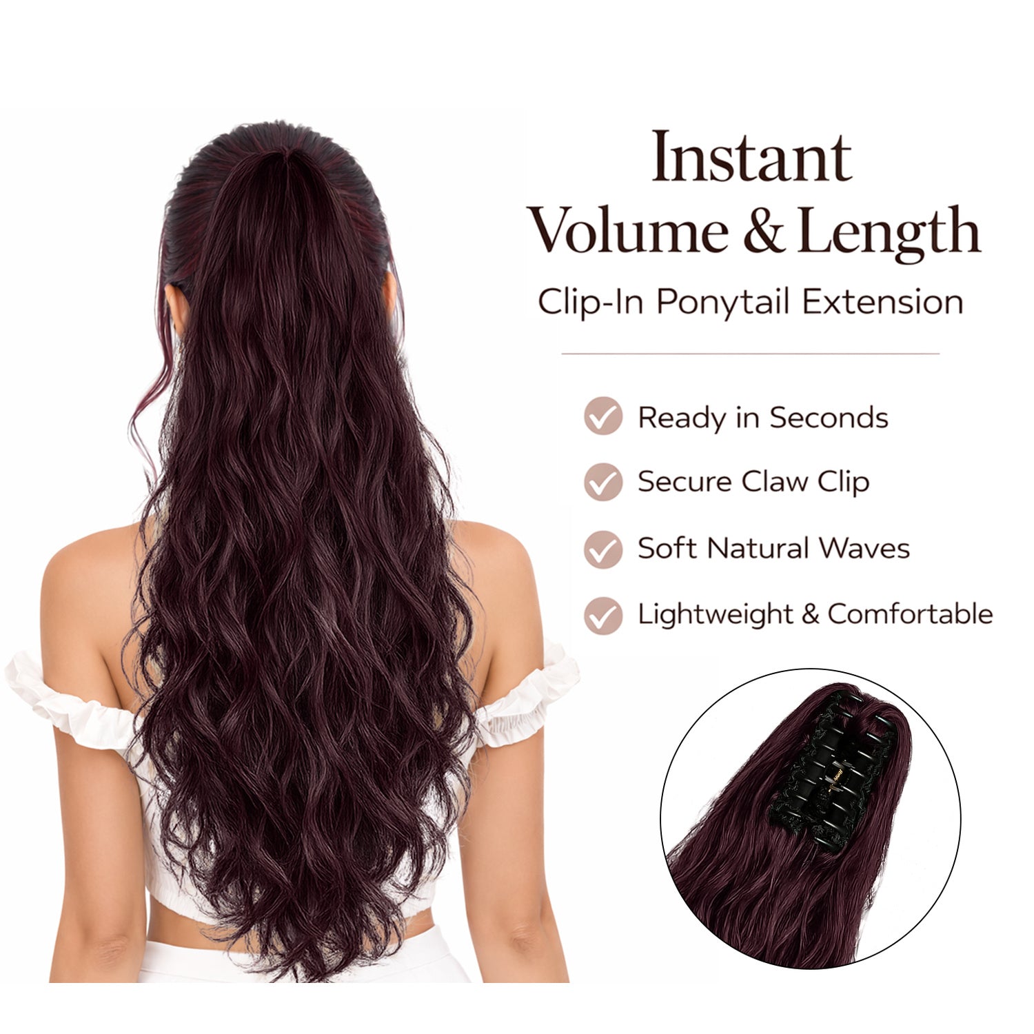 Ponytail Extension, 60 CM, Claw Clip Synthetic Hairpiece, Model JW250