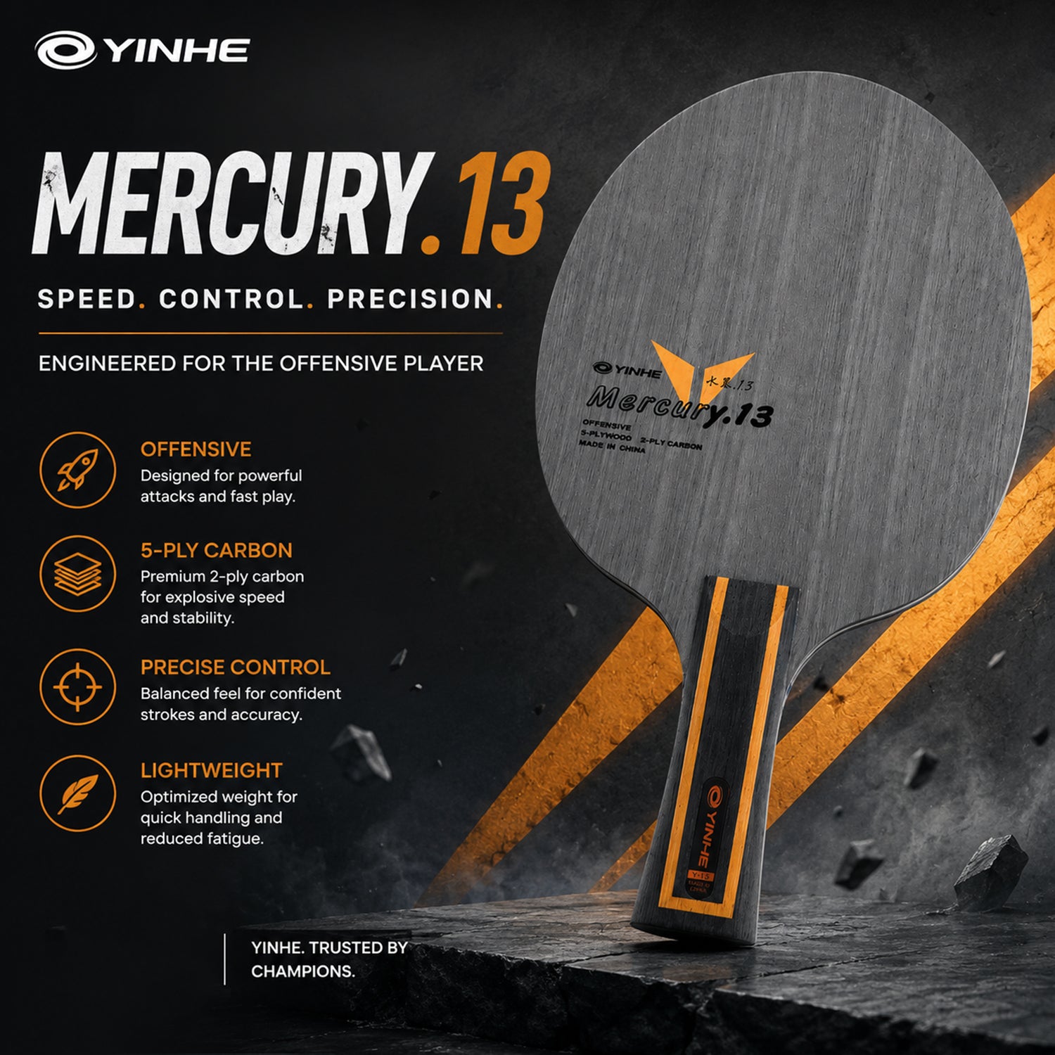 Mercury 13 Offensive Table Tennis Blade, 5-Ply Wood & Carbon