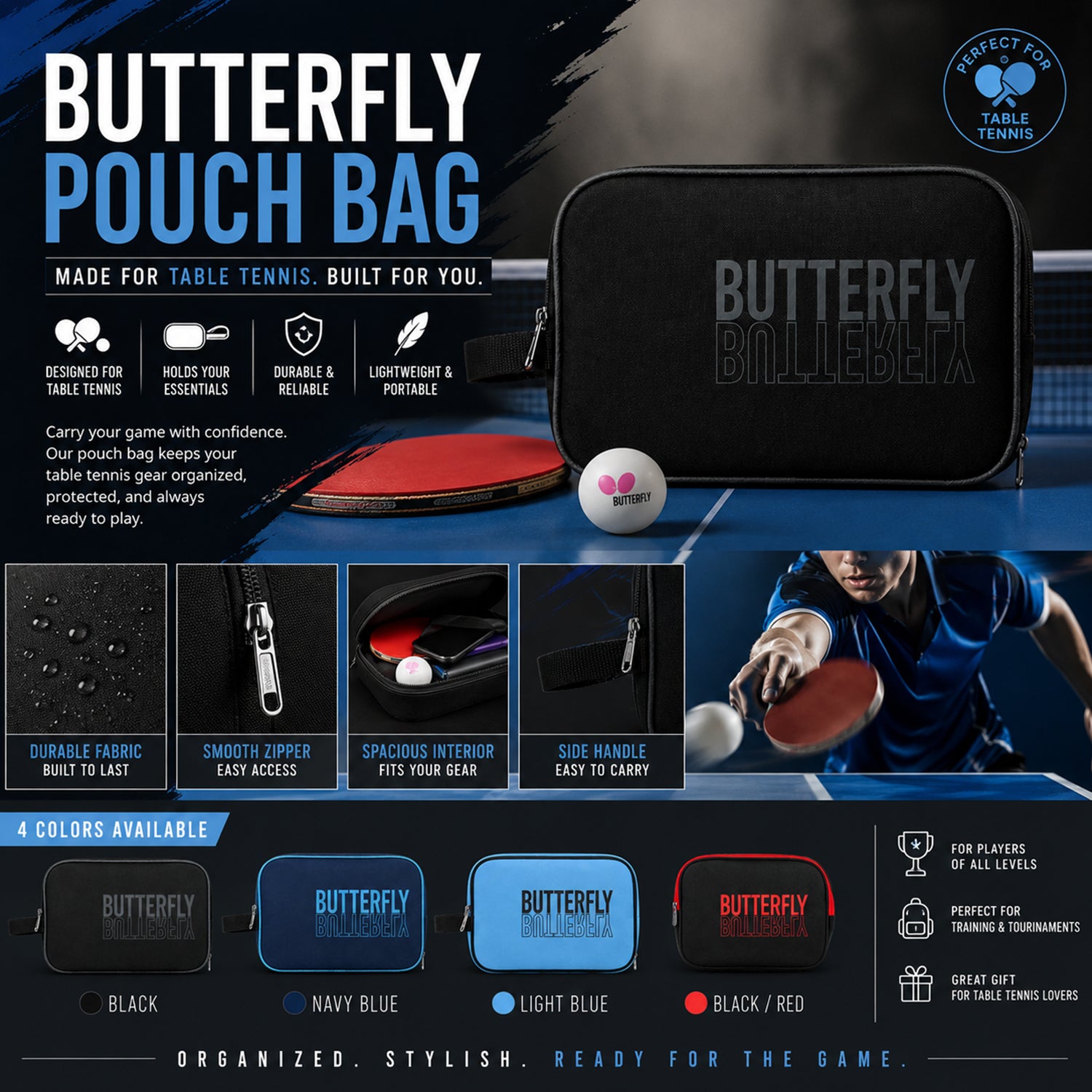 Portable Table Tennis Paddle Case With Zipper & Side Handle