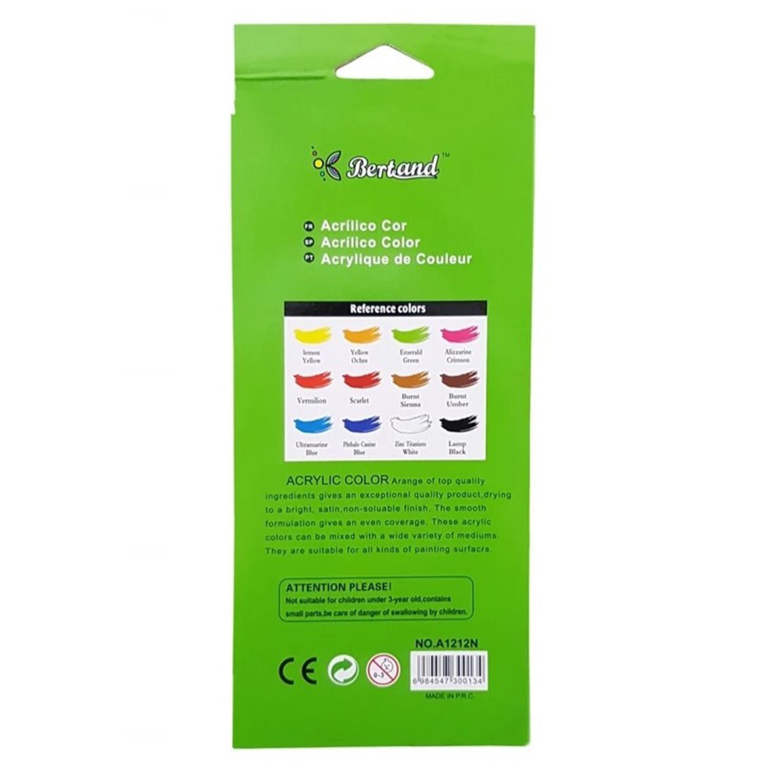 Acrylic Paint Set, Acrylic Colours, Set Of 12 Colors Tubes, Model NO.A1212N