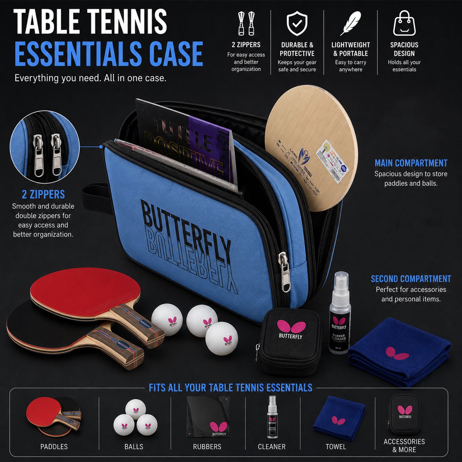 Portable Table Tennis Paddle Case With Zipper & Side Handle
