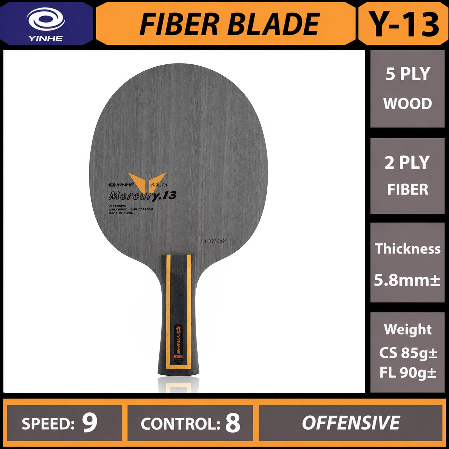 Mercury 13 Offensive Table Tennis Blade, 5-Ply Wood & Carbon