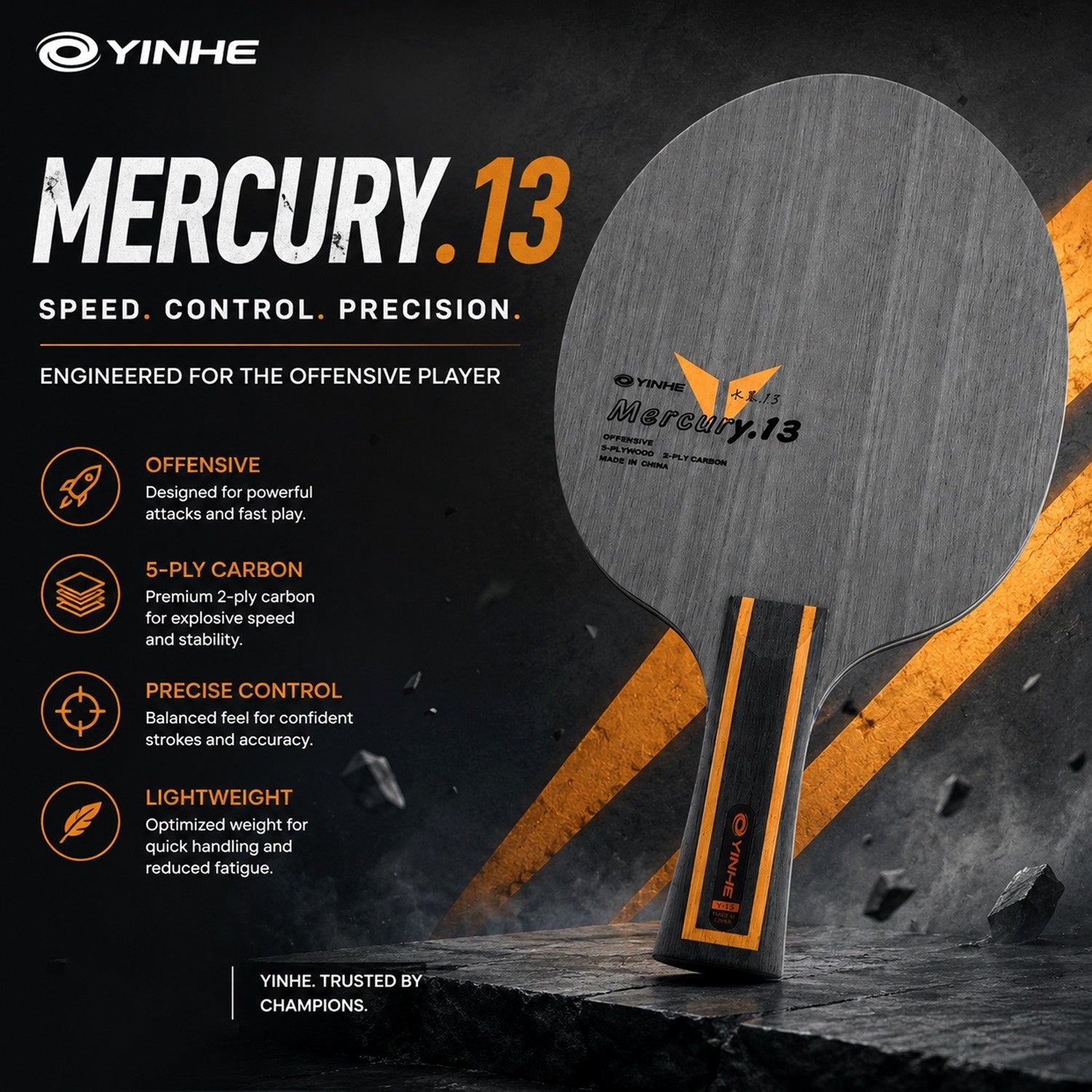 Mercury 13 Offensive Table Tennis Blade, 5-Ply Wood & Carbon
